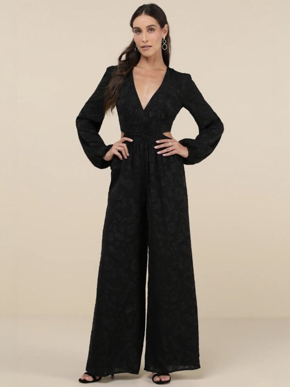 Lulus Ravishing Marvel Black Burnout Floral Cutout Wide-Leg Jumpsuit NWT
